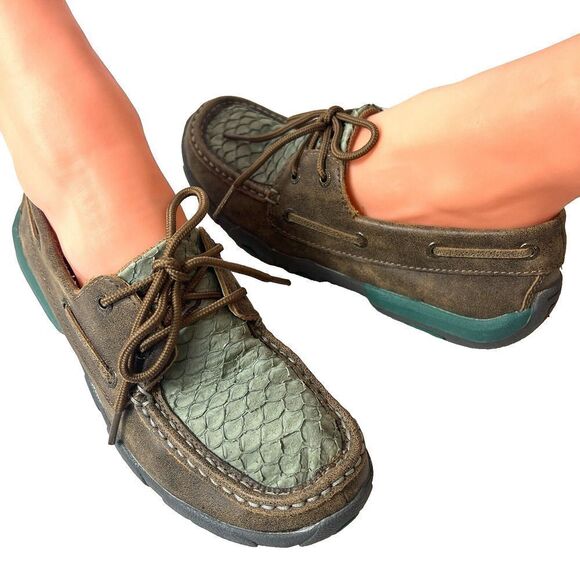 Twisted X Casual Shoe Women 6.5M Driving Moc Leather Brown/Teal Snake Skin Print - Picture 1 of 10